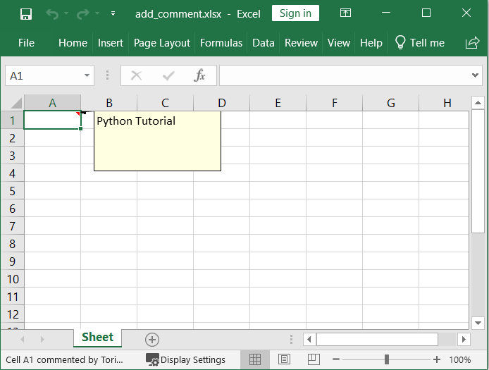 Python openpyxl Add Comment to Excel Cells